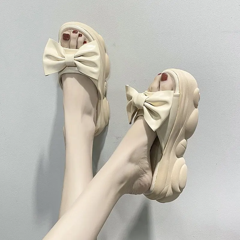 

Kiiyilala Platform Summer Slides Butterfly Knot Sweet Slippers 7 CM Heel Solid Color Women Sandals Flip-flops Female Slipper