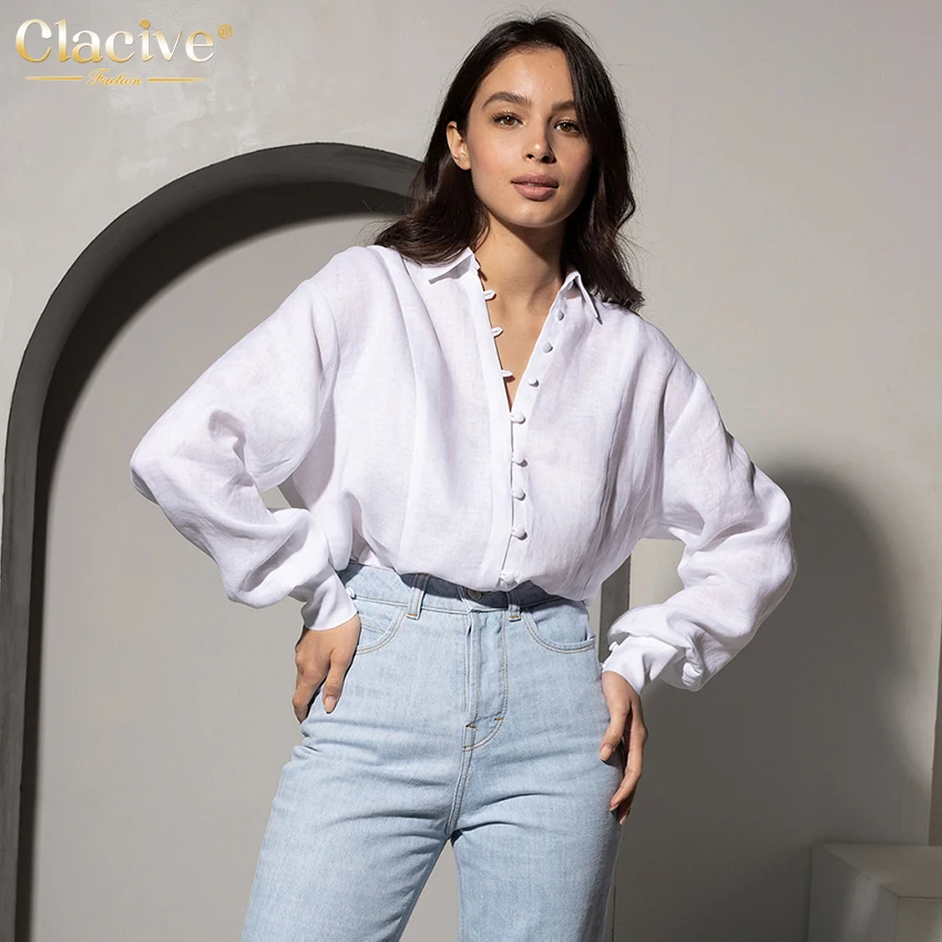 

Clacive Casual White Loose Linen Women Shirt Autumn Long Sleeve Single-Breasted Fashion Blouse Tops Office Lapel Blouses Shirts