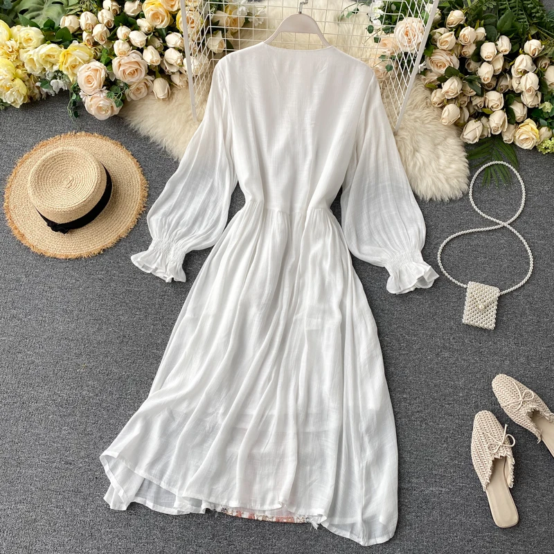 Винтажное длинное платье из хлопка с цветочной вышивкой Элегантные Осенние