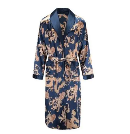 blue dragon robe Шелковая ночная рубашка мужская летняя тонкий купальный халат Тигр Ночная рубашка свободная Свадебная robesilky с длинным рукавом Sleeprobe размера плюс домашняя одежда - Цвет: blue dragon robe