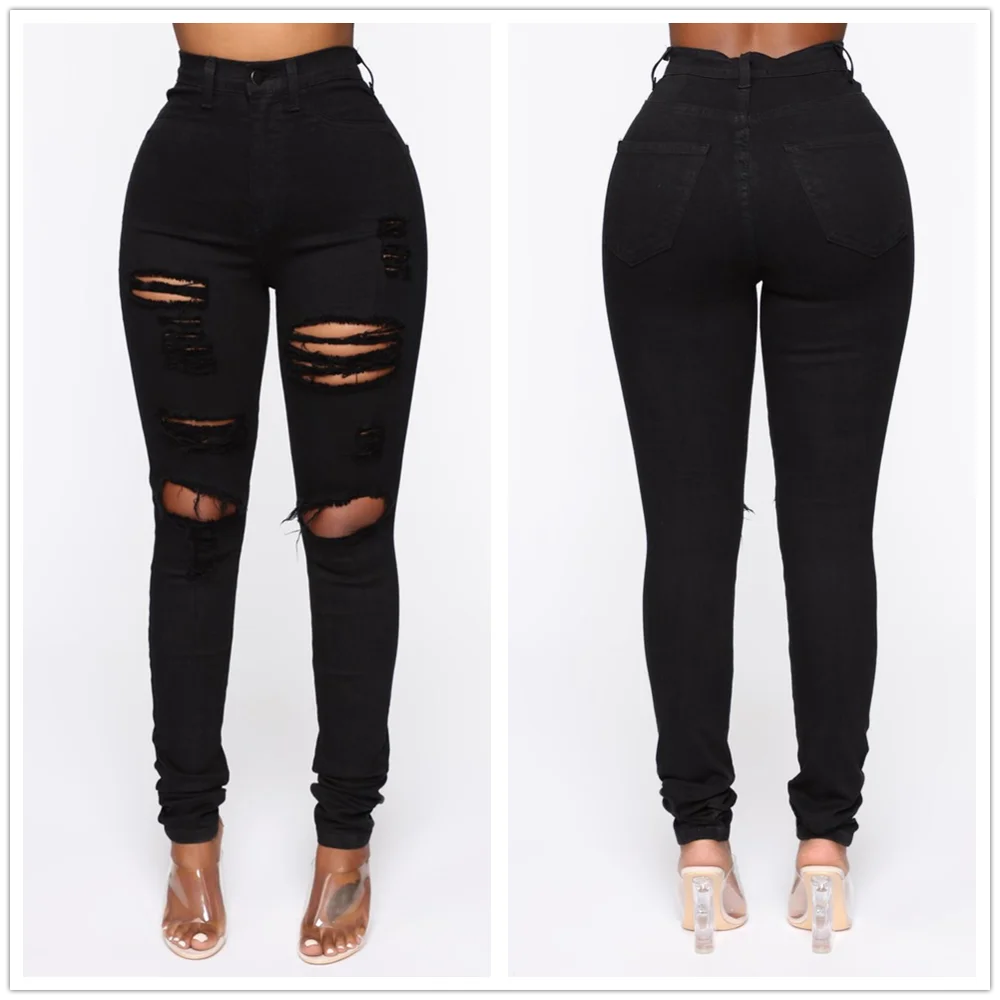 

2021 New Black Ripped Jeans For Women Fashion High Waist Denim Pencil Pants Stretch Slim Skinny Trousers XS-XL Global Drop Ship