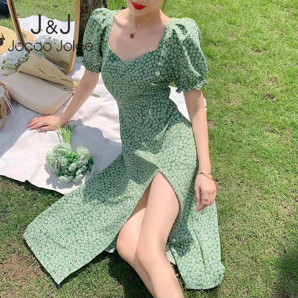 

Jocoo Jolee Women Square Collar Split Puff Sleeve Printing Elegant High Waist Short Sleeve Sexy Summer Long Dress Party Club