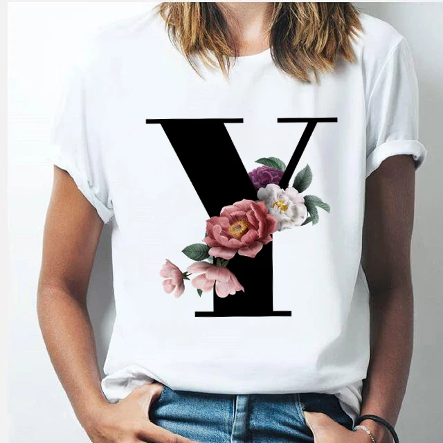 

Vogue 26 alphabet letter women T-shirt Girl A To Z Alphabet combination flowers Short Sleeve casual Korean Style Tops,Drop Ship