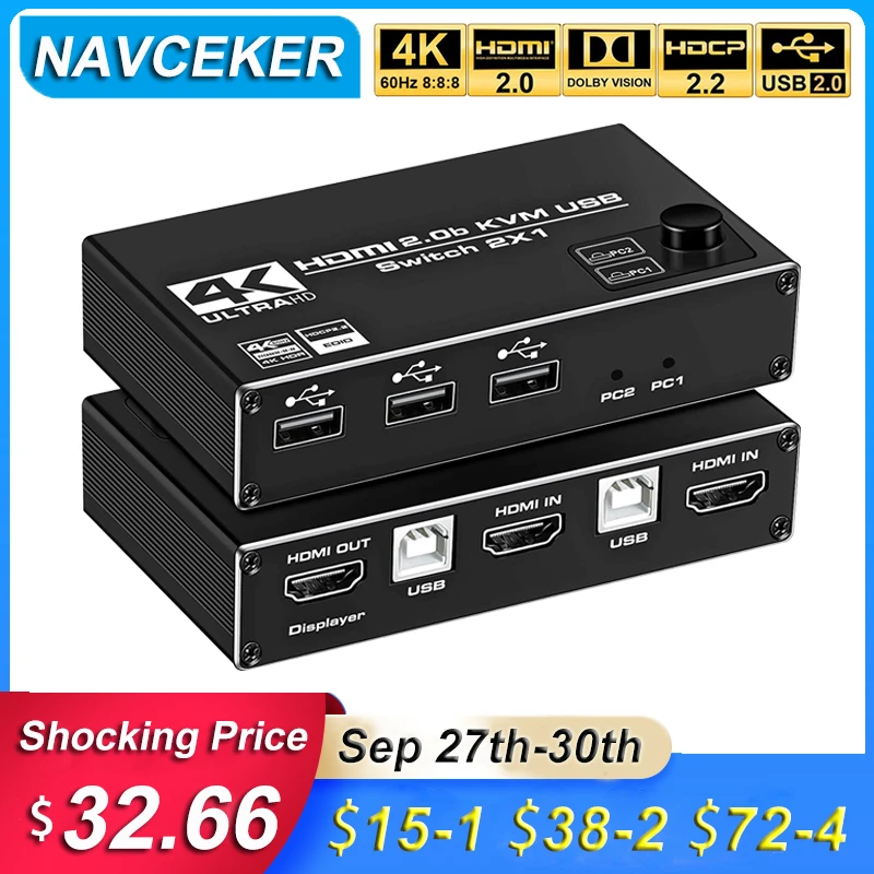 

Navceker KVM HDMI Switch Dual Monitor 2 In 1 Out DP KVM Switch 2 Ports 4K 60Hz HDMI KVM Switch Share Printer Keyboard Mouse 1080