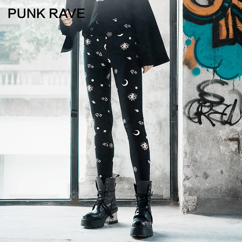 

PUNK RAVE Girls's Gothic Moon Comic Printed Fitted Leggings Fashion Casual Womens Leggings Pants