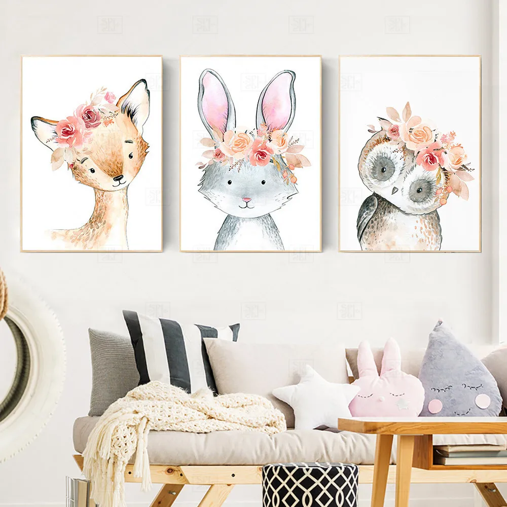 

Giraffe Rabbit Deer Animals Print Nursery Wall Art Canvas Painting Flowers Nordic Poster Cartoon Wall Pictures Kids Room Decor
