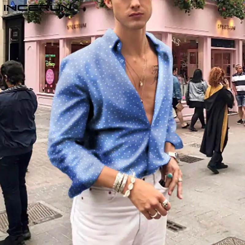 

Men Shirt Polka Dot Print Lapel Streetwear Loose Long Sleeve Men Clothing 2021 Button Pockets Casual Camisa Masculina INCERUN