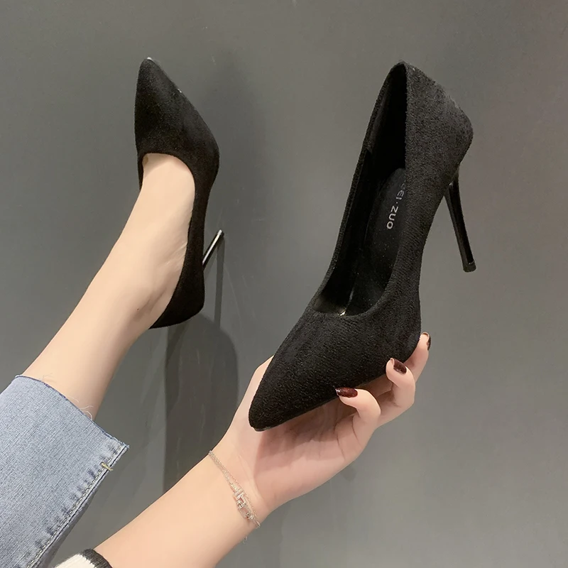 

2021 Autumn New Simple Elegant High Heels Stiletto Womens Shoes Pointed Black Etiquette Professional Single Shoes Wedding Shoes