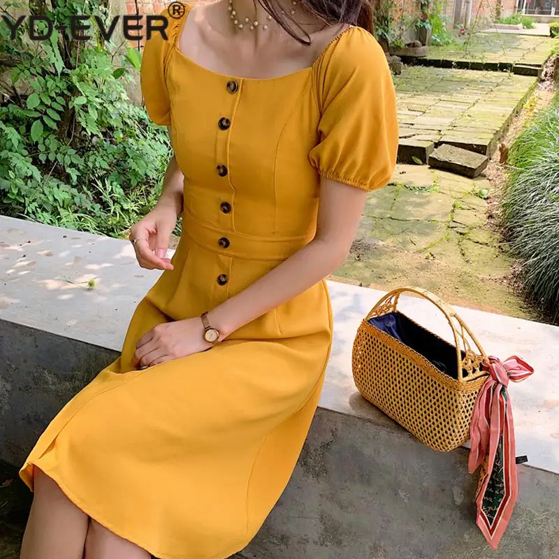 Платье миди с квадратным вырезом пуговицами спереди и пышными рукавами|Женские