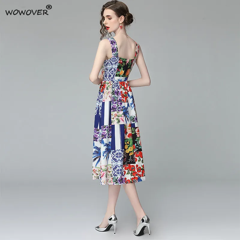 

Women Spaghetti Strap Summer Holiday Dress Runway High Quality Festa Elegant Designers Sleeveless Vintage Print Beach Vestidos