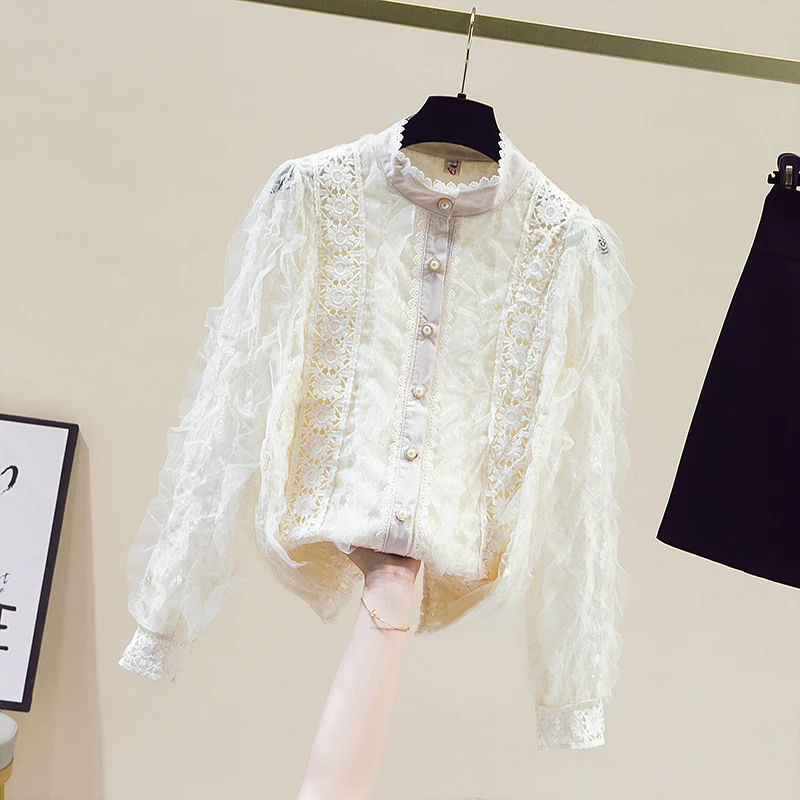 

VANOVICH Korean Lace Stand-up Collar Design Fashion Sweet Shirt 2021 Autumn New Women's Long Sleeve Tops