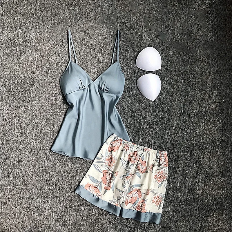 

WENYUJH 2020 Autumn Spring Women Pyjama Set Sexy Silk Pajamas Sleepwear Night Suits Soft Nightwear Home Clothes With Chest Pads