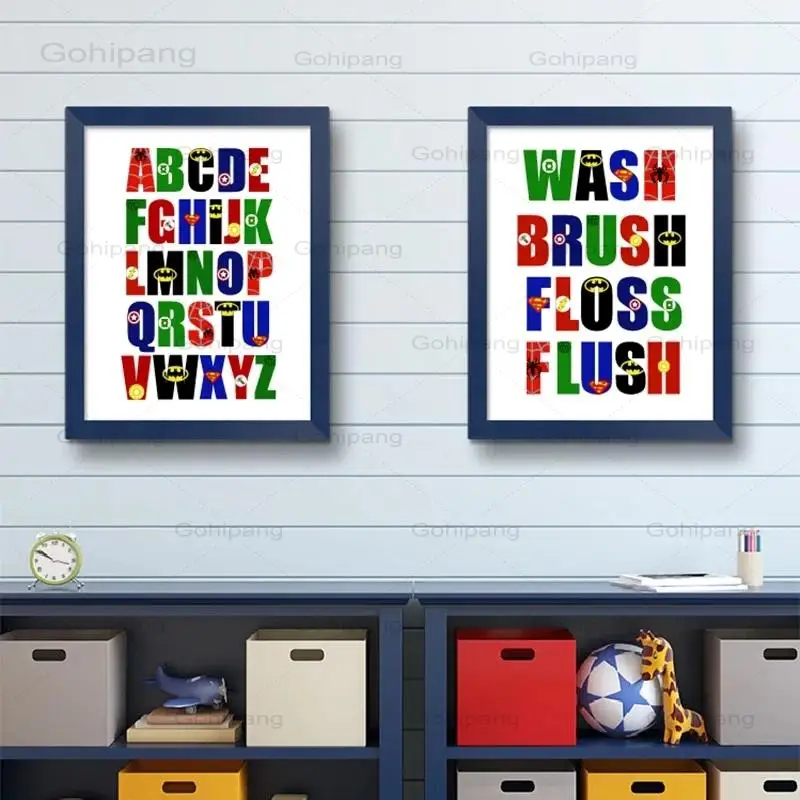 

Superhero Alphabet Canvas Painting Boys Room Wall Art Decor ABC's Superhero Logos Canvas Poster Wall Art Picture Nursery Decor