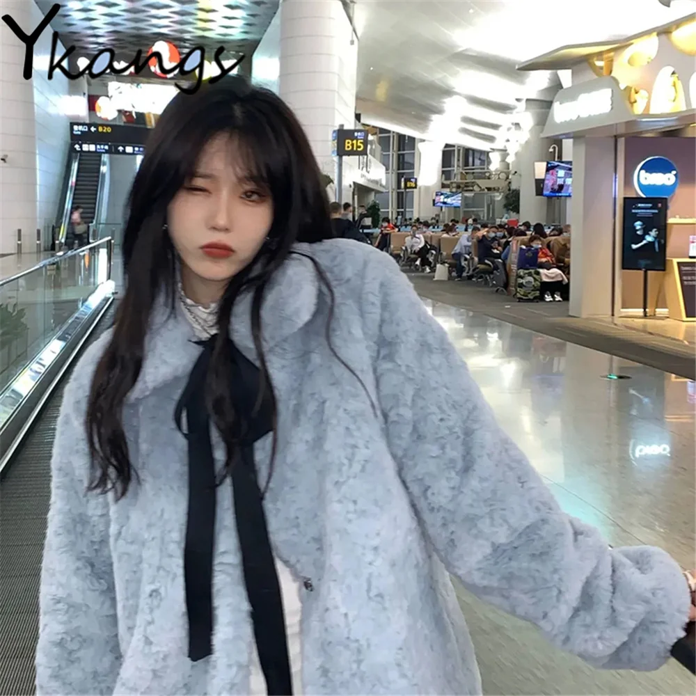 

Sweet Loose Coat Plush Imitation Rabbit Fur Jacket Elegant Kawaii Bow Solid Color Warm Parka Winter Bf Harajuku Women Streetwear