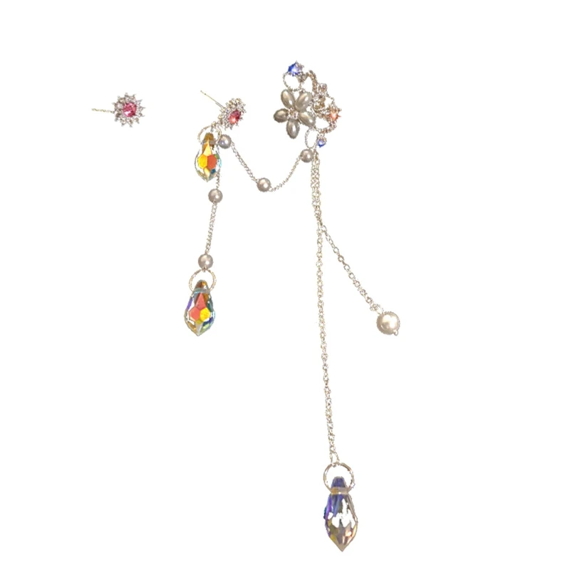 Pearl asymmetrical diamond ear clip one-piece exaggerated long tassel ear bone accessories female