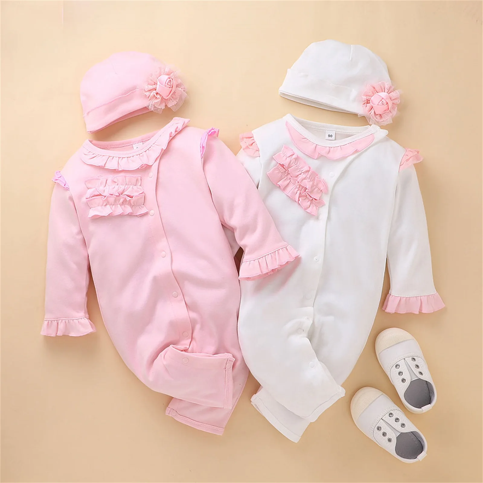 

Spring Cotton Toddler Girls Jumpsuit Long Sleeve Round Neck Ruffle Button Romper + Hat 2pcs Outfits Clothes