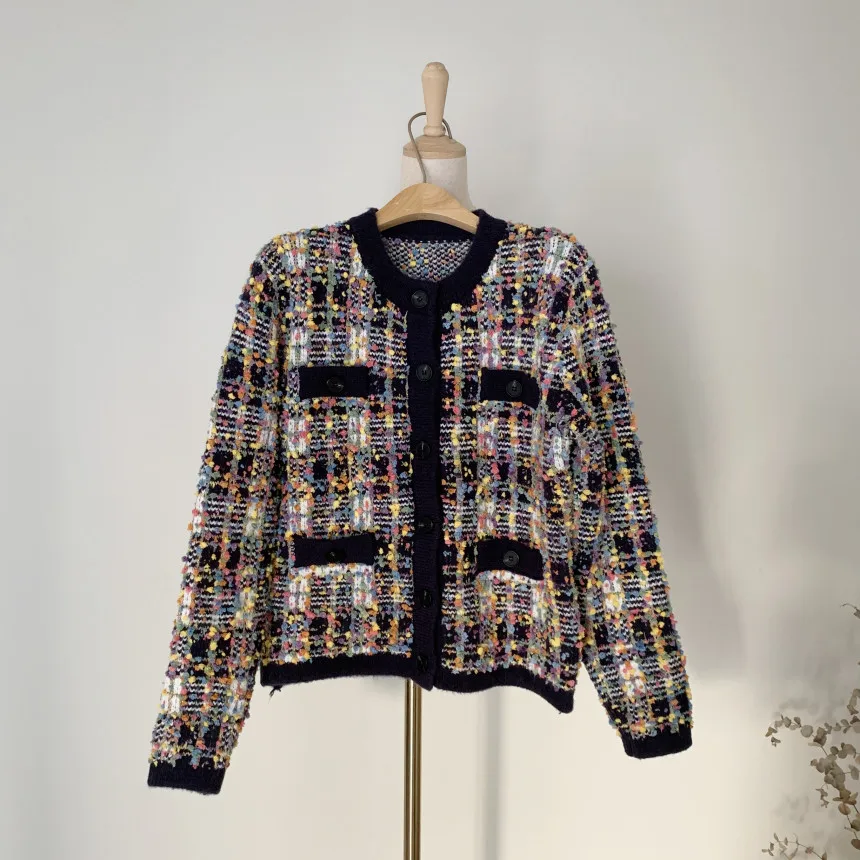 

Sweater Women Korean Chic Retro O Neck Single Breasted Embellishment Loose Long Sleeve Knitted Cardigans Elegant Tops