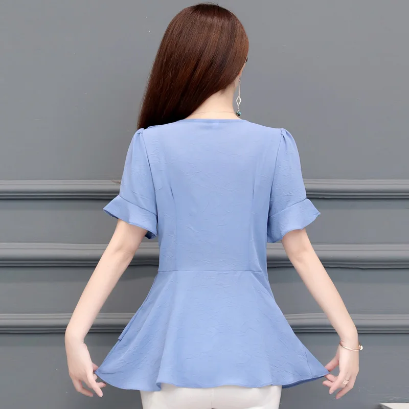 Шифоновая рубашка Блузки Женская туника-Пеплум Топ летний короткий рукав синий