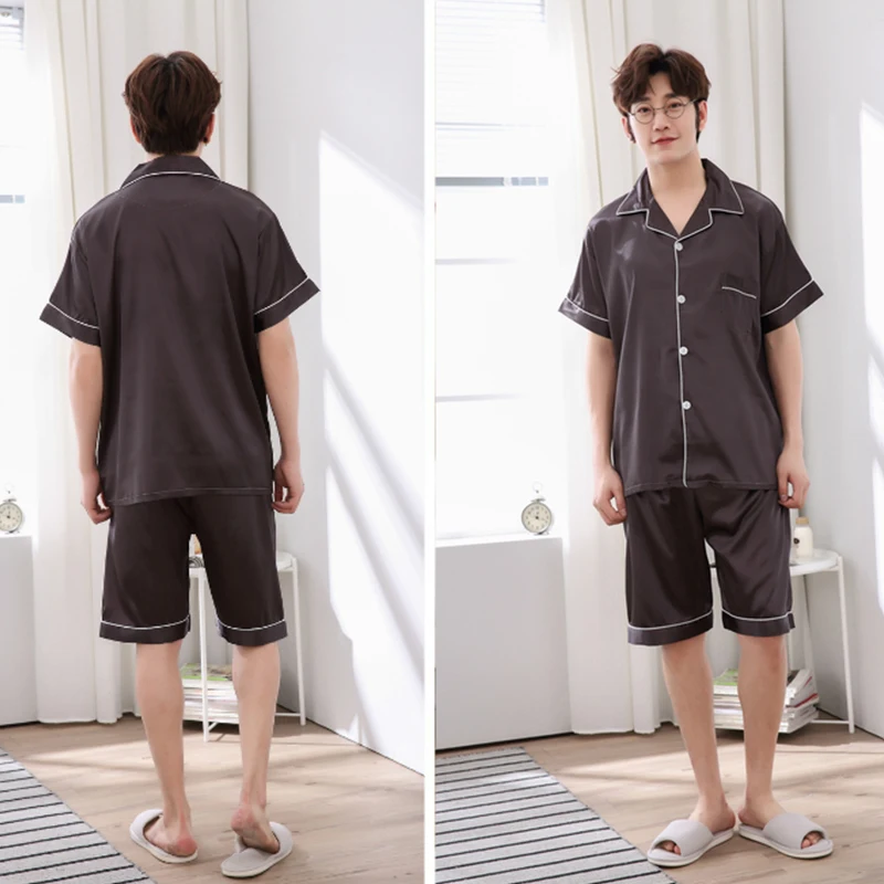 CAIYIER Summer Stripe Silk Satin Men Pajamas Set Short Sleeve Elastic Waist Shorts Sleepwear Men's Soft Cool Leisure Home Wear