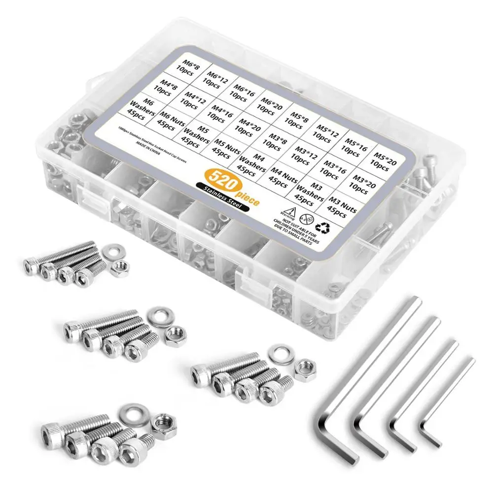 

520Pcs 304 Stainless Steel Socket Screws and Nuts, M3 M4 M5 M6 Hex Socket Head Cap Screws Assortment Set Kit with Storage Box