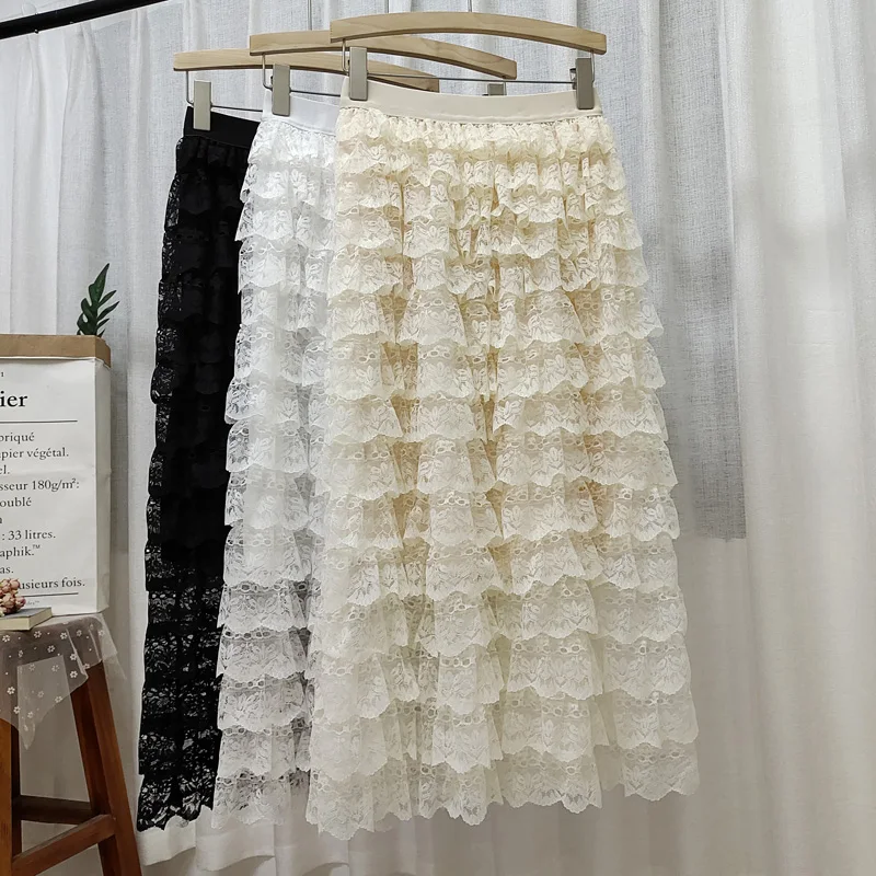 

Summer Floral Lace Cakee Layered A-line Ankle Length Skirts Solid FluffyTiered Maxi Long Skirts