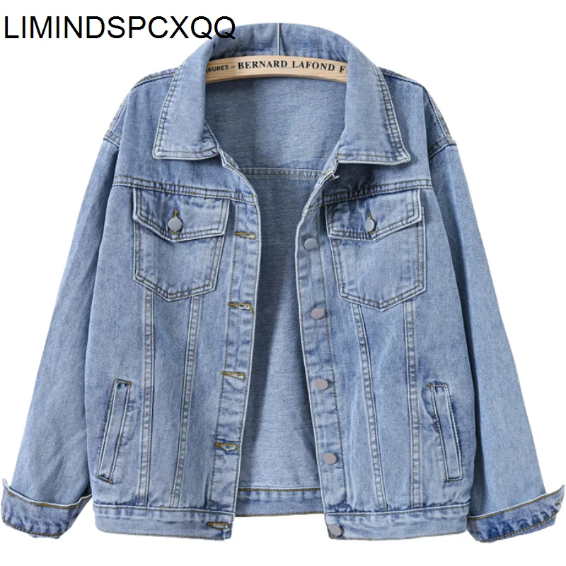 

Female 5XL Spring Blue Womens Denim Jackets 2021 BF Vintage Korean Style Clothes Loose Lapel Autumn Jean Coats Cropped Tops