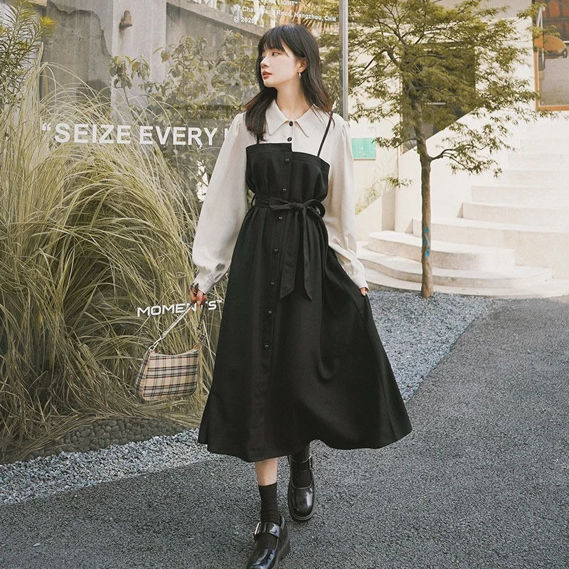 

ZOUXO Women Chic Fashion Dress Button-up Maxi Shirt Dresses Vintage Long Sleeve Black and White Female Dresses Vestidos