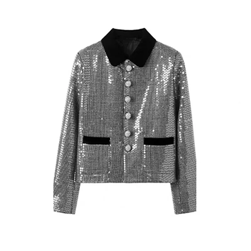 

Spring And Autumn New Style Ladies Fashion Short Jacket Women Sequins Single-Breasted High Quality Vintage Outerwear Women
