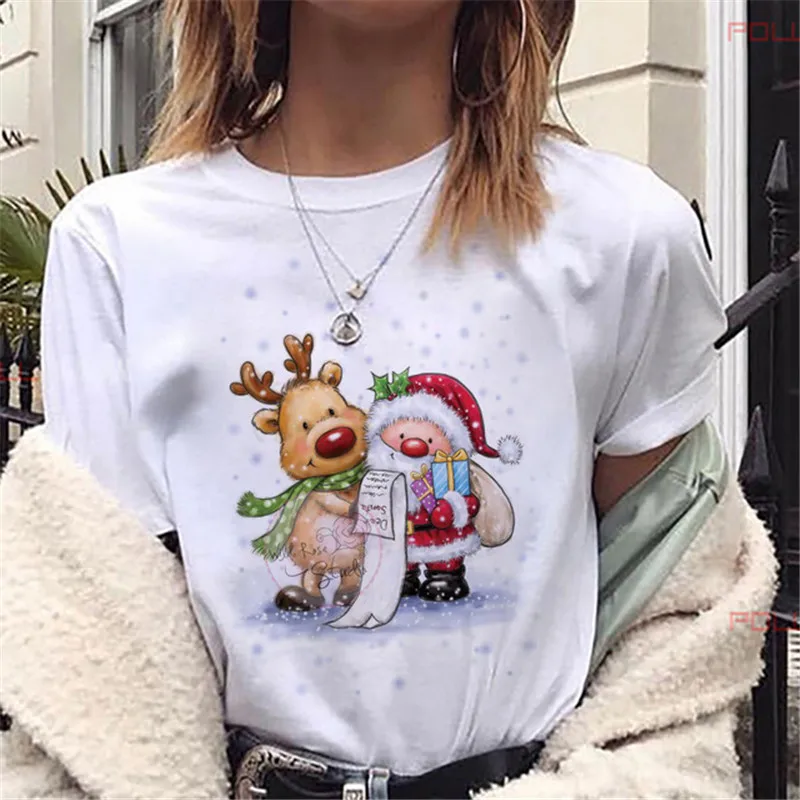 

New Lovely Deer T Shirt Harajuku Women Fashion Christmas Printed Short Sleeve T-shirt White Suitable All Seasons Tshirts