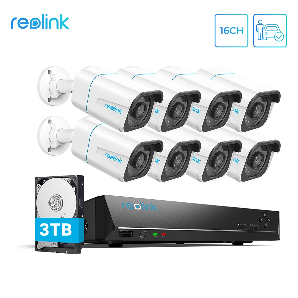 Reolink RLK16-810B8-A 4 к NVR Kit PoE человека/автомобиль обнаружения 24/7 Запись 3 ТБ HDD 8MP со сверхвысоким разрешением Ultra HD, пуля умный дом безопасности Системы - изображение