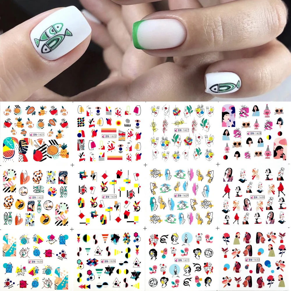 12 Дизайнов абстрактные женские Слайдеры для ногтей маникюра любовь сердце перо