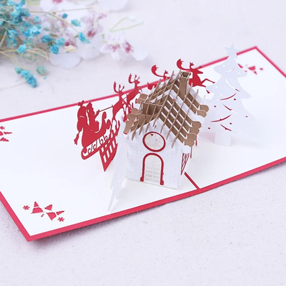 Deer And House Christmas Card Creative 3D Handmade Greeting Cards Gift For Friends/Children/Lovers |
