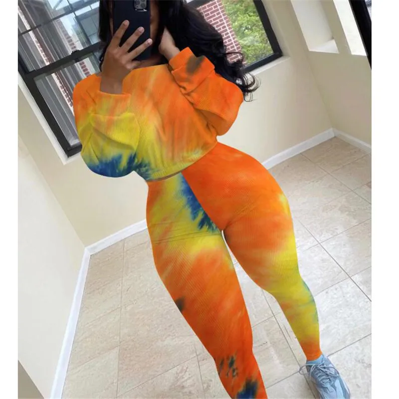 

Autumn Tie Dye Print Women Clothing Set Two Piece Long Sleeve Crop Tops Pants Winter Ladies Outfit Fashion Casual Female Clothes