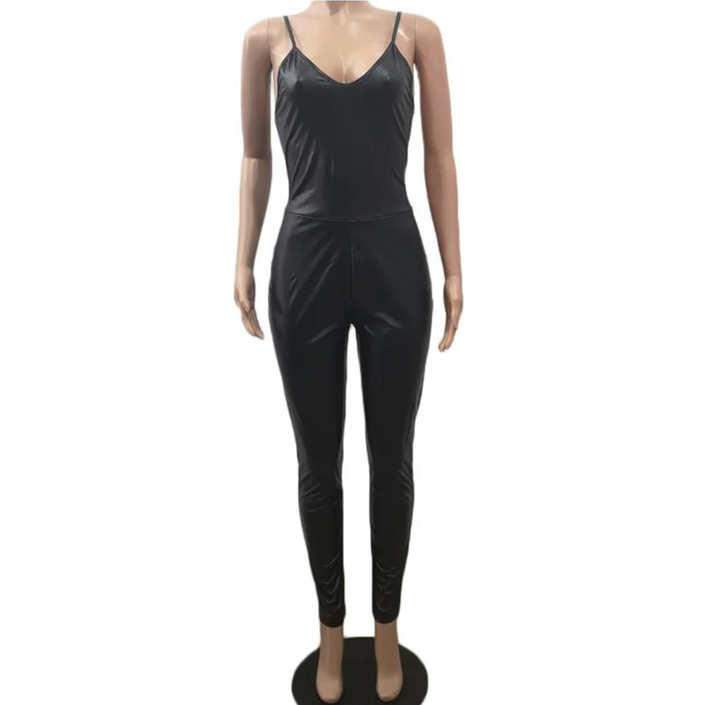 

Black Bodycon Club Faux Leather Jumpsuit Women Sleeveless Night Party Wear Rompers Zip Up Skinny PU Leather Jumpsuits Overalls