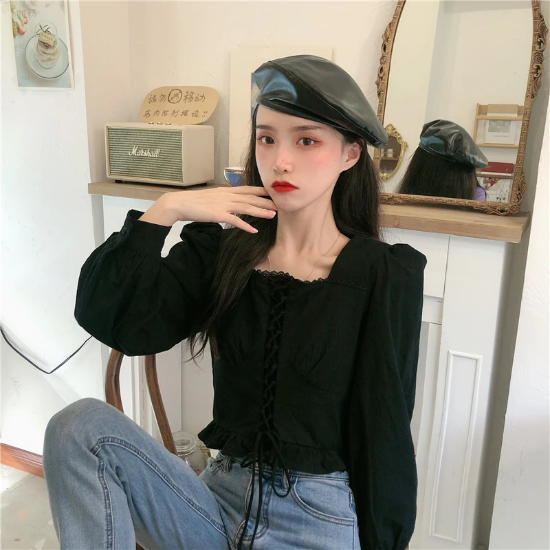 

autumn sweet style long sleeve Shirts Women's Clothing Korean new square collar crop top fashion brand solid bandage Blouses