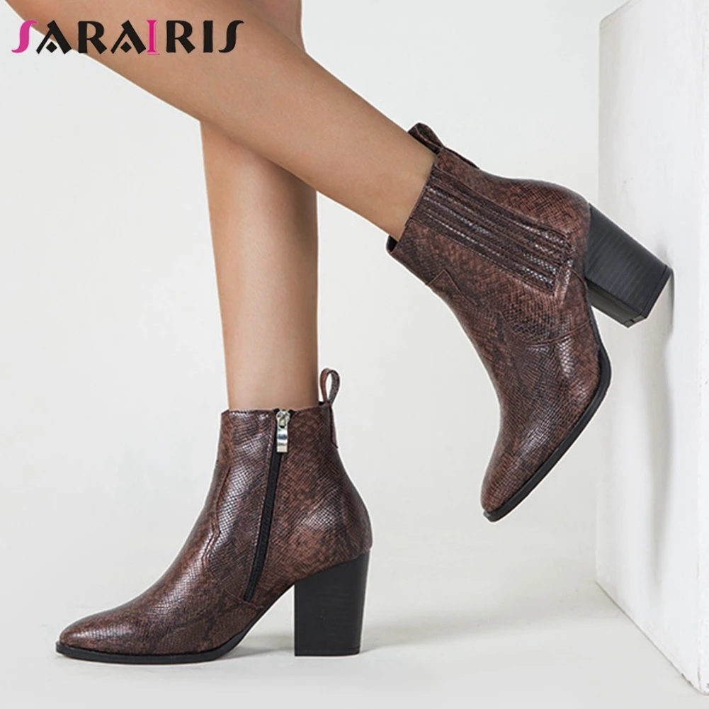 

SARAIRIS Ins Hot Big Size 36-43 Ladies 2020 Autumn New Boots Ankle Boots Women Pointed Toe Square High Heels Zip Shoes Woman