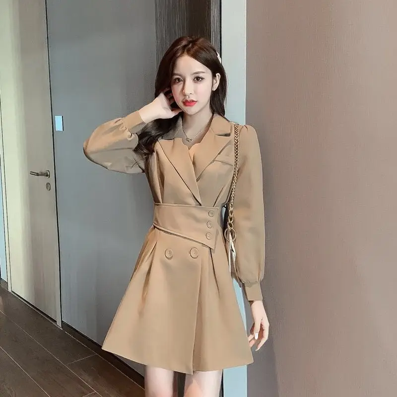 

Suit Collar Long-sleeved Dress Women 2021 Spring and Autumn New Style Small Korean Design Windbreaker Short Skirt Trend