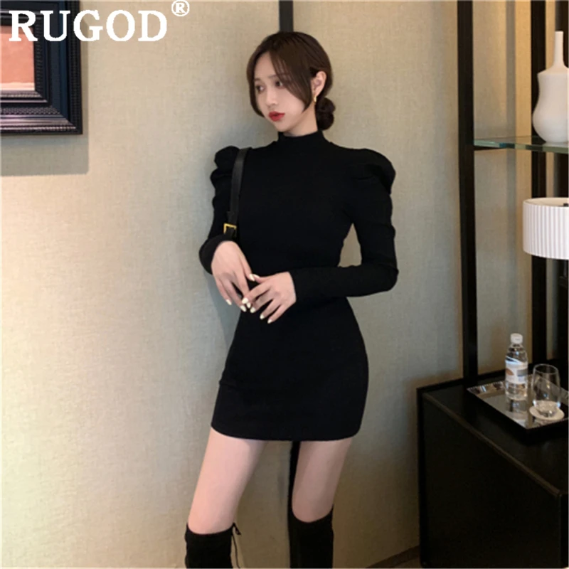 RUGOD Элегантное зимнее трикотажное платье boyycon для женщин модная туника с пышными