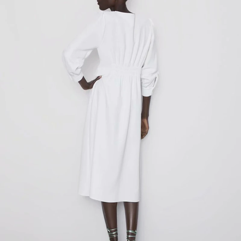 Женское платье миди на пуговицах однотонное белое трапеция с длинным рукавом и