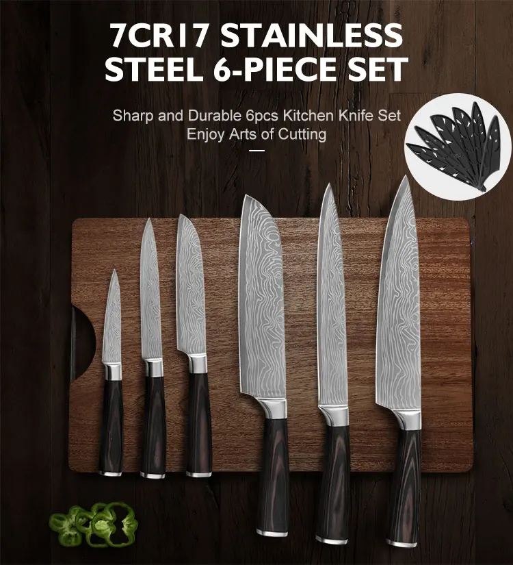 Набор ножей из нержавеющей стали Santoku 8 дюймов поварские ножи с ножками дамасский узор Кухонные гаджеты Инструменты Посуда Ножи держатель