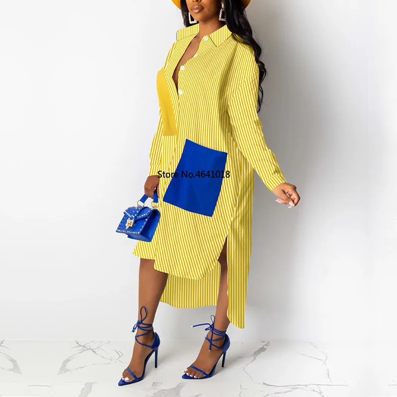 Женское свободное платье рубашка в полоску с длинным рукавом повседневная