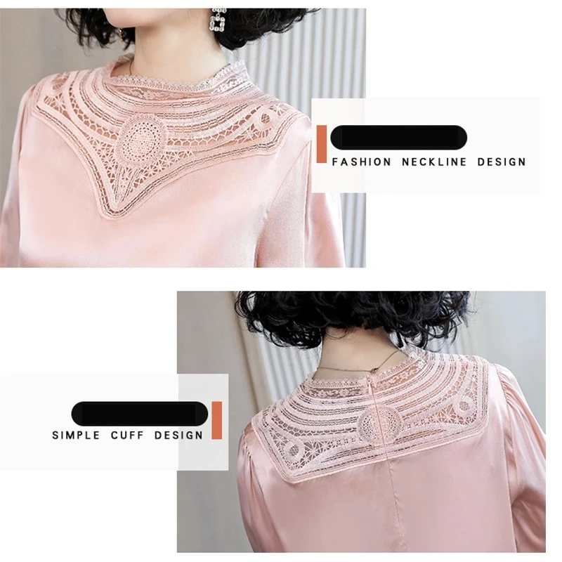 

Silk Lace Shirt Women Blouse Simulation Silk Casual Fashion Long-Sleeved Satin Solid Sexy Pullover Streetwear Female Tops 2020