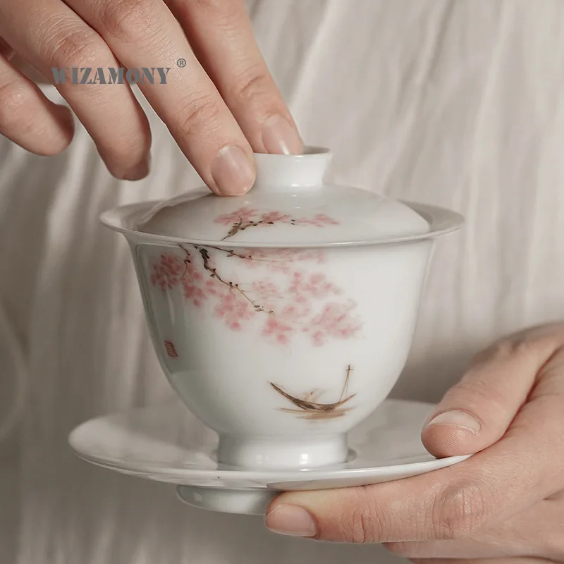 

Moji Jingdezhen Hand-Painted Japanese-Style Three-Force Cover Bowl Kung Fu Tea Set Tea Bowl Handmade Ceramic Tea Cup