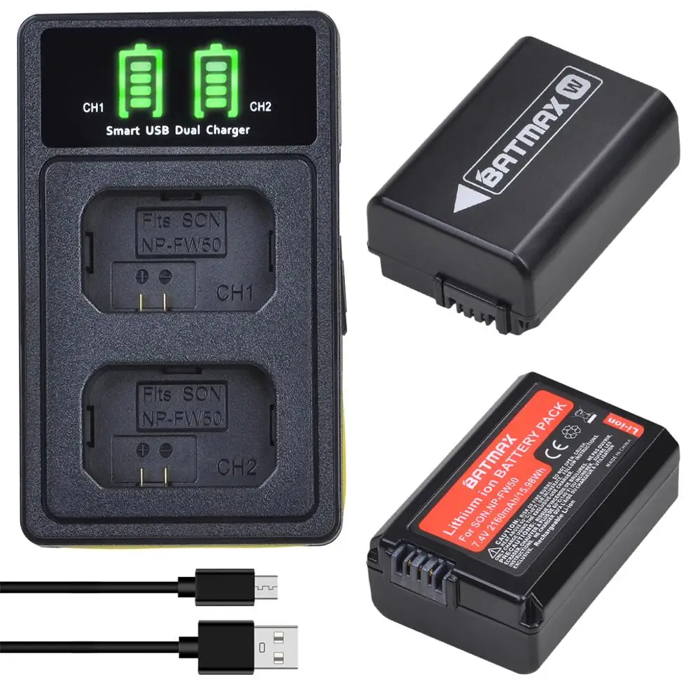 Аккумулятор NP-FW50 NPFW50 2160 мАч + LED USB-зарядное устройство с разъемом Type-C для Sony A6000 A6400 A6300 A6500 A7 A7II A7RII.