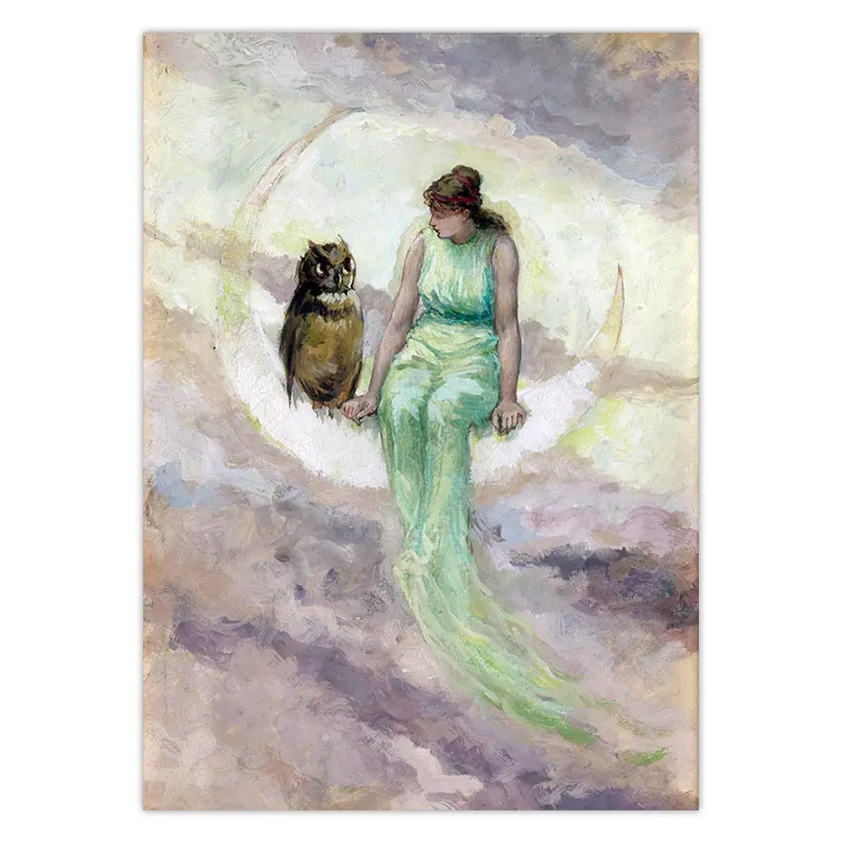

Vintage Witch Daugther Moon Goddess Owl Crescent Nordic Poster Wall Art Canvas Painting Wall Pictures For Living Room Unframed