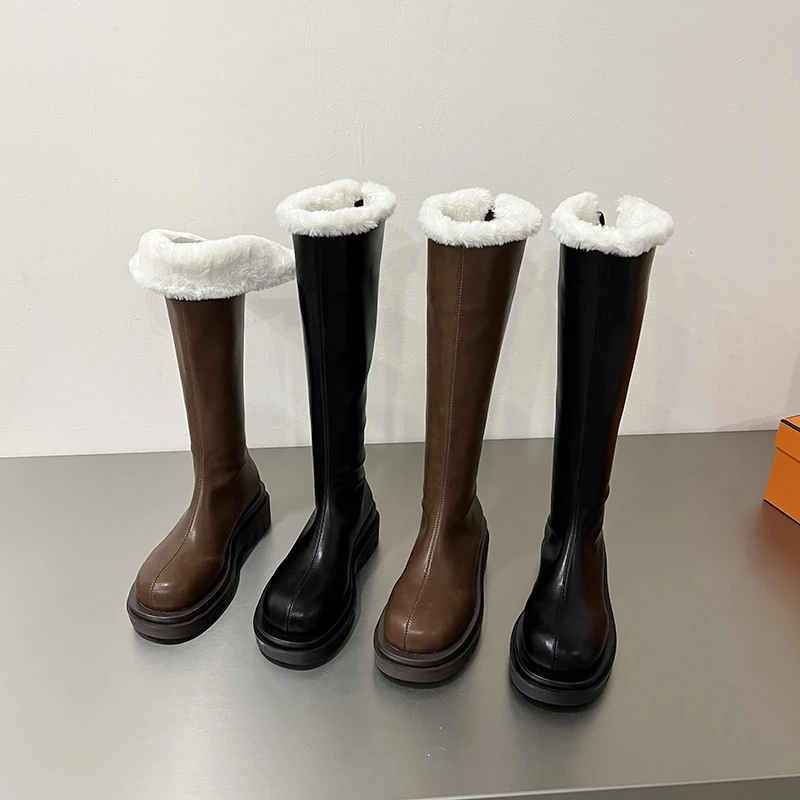 

Женские сапоги выше колена, Осенняя обувь на платформе, зимняя обувь, сапоги-Женские Сапоги выше колена на молнии с круглым носком, на средне...