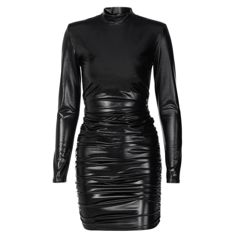 

Women Long Sleeve Turtleneck Bodycon Mini Dress Faux Leather Black Ruched Stacked High Waist Shoulder Padded Clubwear