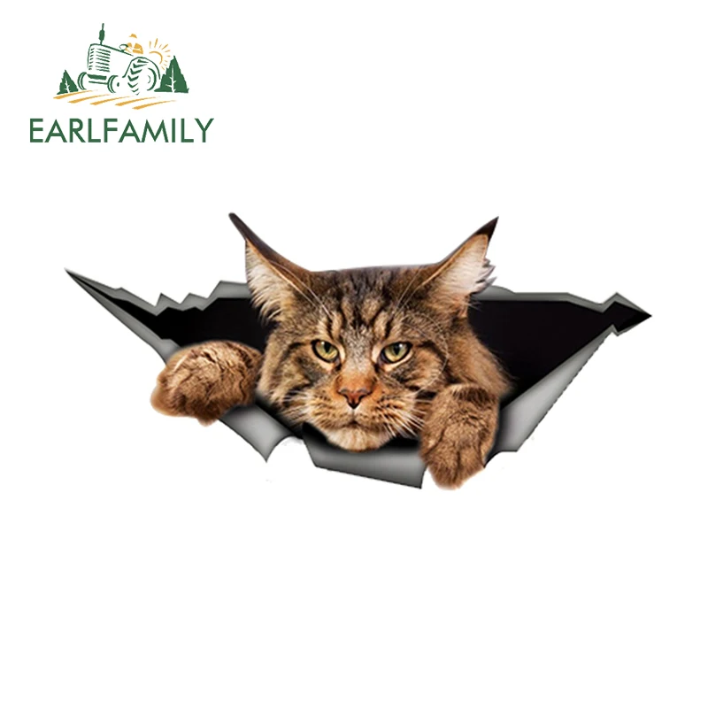 EARLFAMILY, 13 см x 6,1 см, мейн-кун, автомобильная наклейка, рваная металлическая наклейка, Светоотражающая наклейка, 3D, смешная, большая, кошачья наклейка, автомобильный стиль, водонепроницаемый