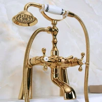 polished gold color brass deck mounted clawfoot bathroom tub faucet dual cross handles telephone style hand shower head ana150