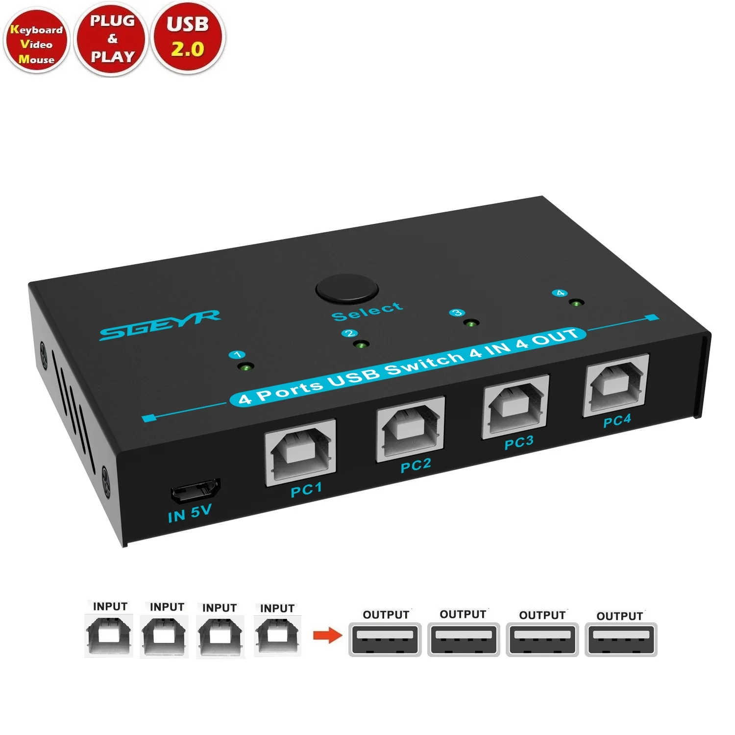 

SGEYR 4 Port USB 2.0 Switcher Switch 4 Computers Sharing 4 USB Devices USB Peripheral Switches for Printer, Mouse, Scanner, PCs